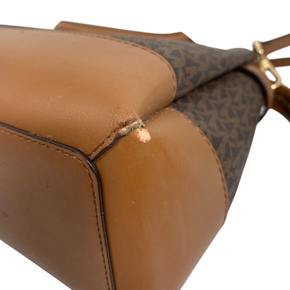 Michael Kors Reed Large Belted Satchel Bag Purse Brown MK Signature Logo FLAW - Picture 8 of 16